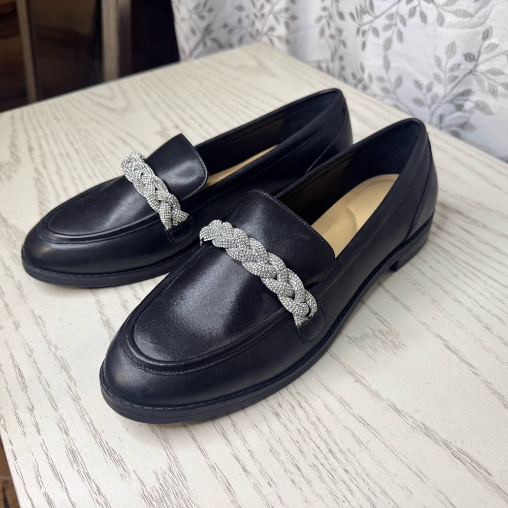 Gianni Bini Black Loafers with Silver Braided Detail